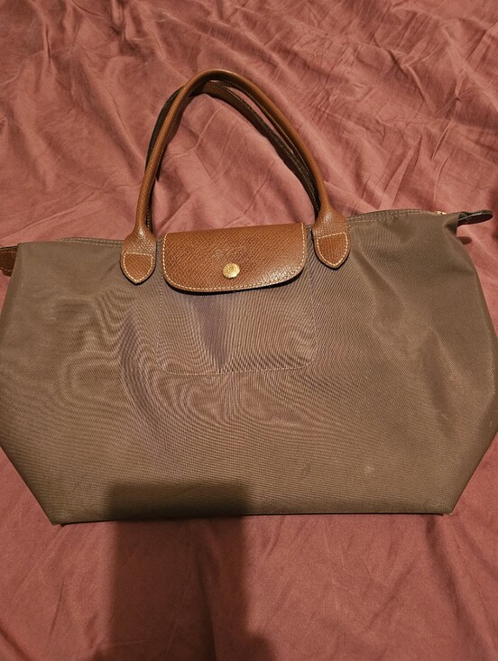 Longchamp Handbags - Longchamp Kaki Crossbody Tote with Brown Leather Trim